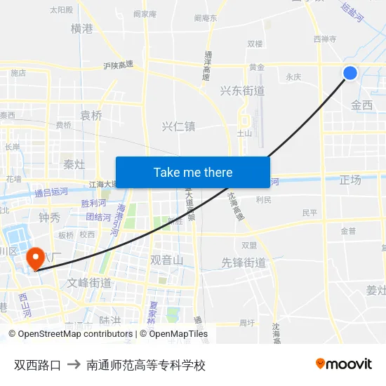 双西路口 to 南通师范高等专科学校 map