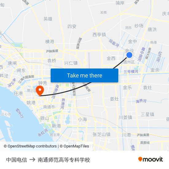 中国电信 to 南通师范高等专科学校 map