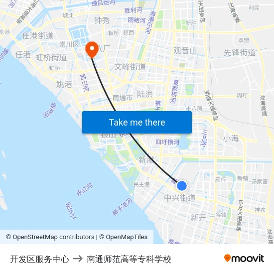 开发区服务中心 to 南通师范高等专科学校 map