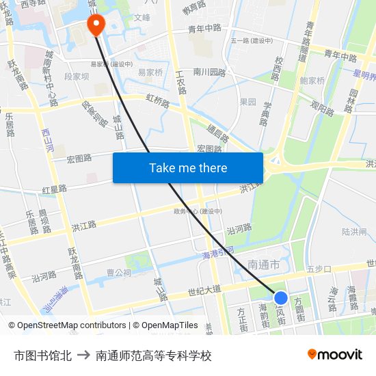 市图书馆北 to 南通师范高等专科学校 map