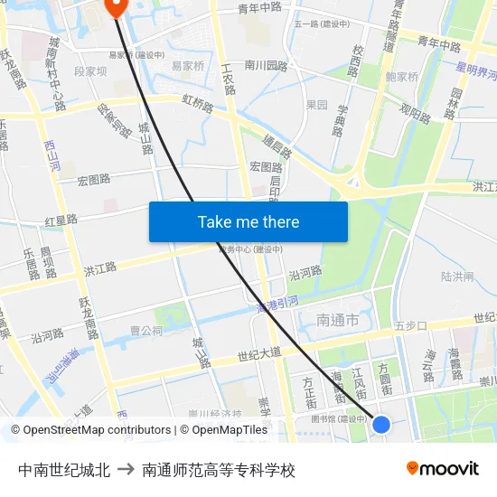 中南世纪城北 to 南通师范高等专科学校 map