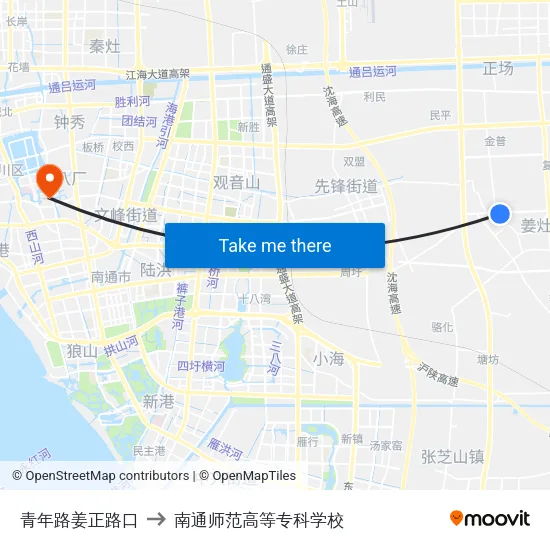 青年路姜正路口 to 南通师范高等专科学校 map