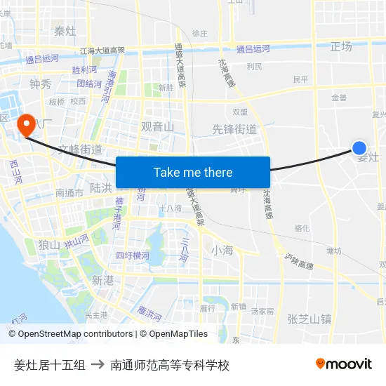 姜灶居十五组 to 南通师范高等专科学校 map