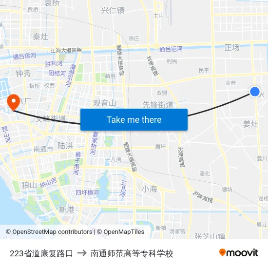 223省道康复路口 to 南通师范高等专科学校 map