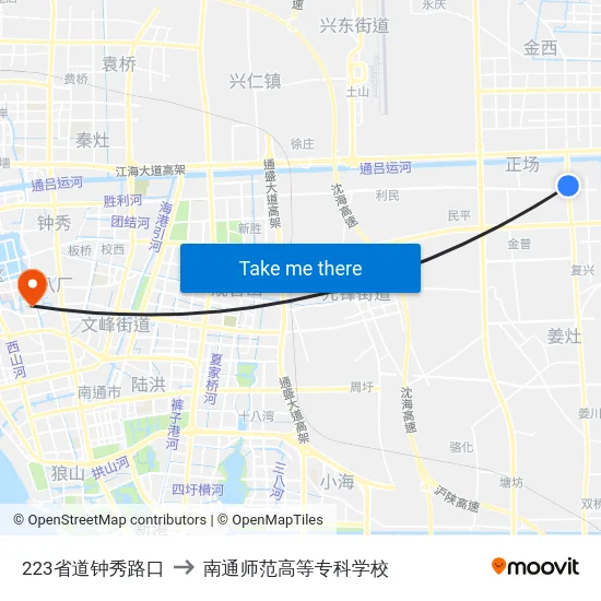 223省道钟秀路口 to 南通师范高等专科学校 map