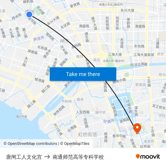 唐闸工人文化宫 to 南通师范高等专科学校 map