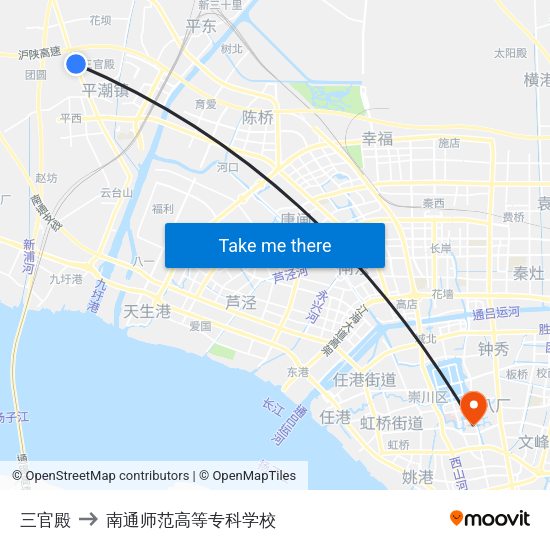 三官殿 to 南通师范高等专科学校 map