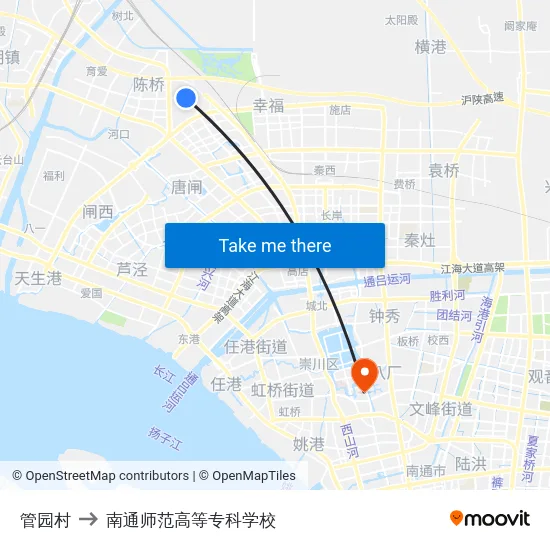 管园村 to 南通师范高等专科学校 map