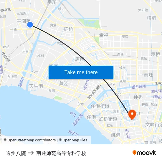 通州八院 to 南通师范高等专科学校 map