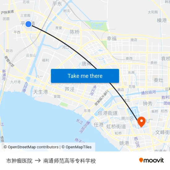 市肿瘤医院 to 南通师范高等专科学校 map