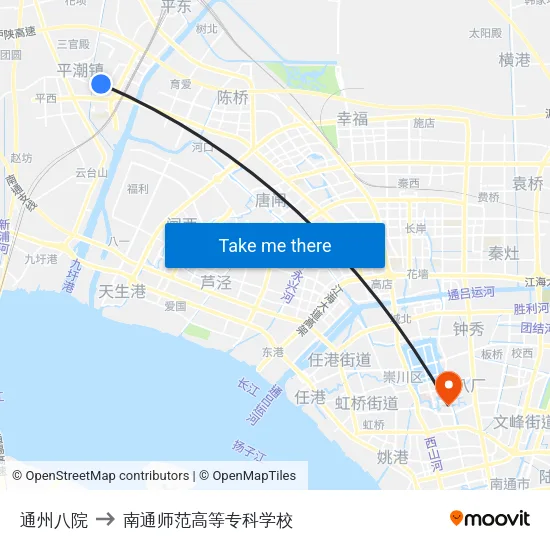 通州八院 to 南通师范高等专科学校 map