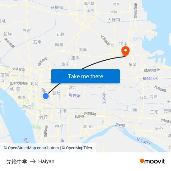 先锋中学 to Haiyan map
