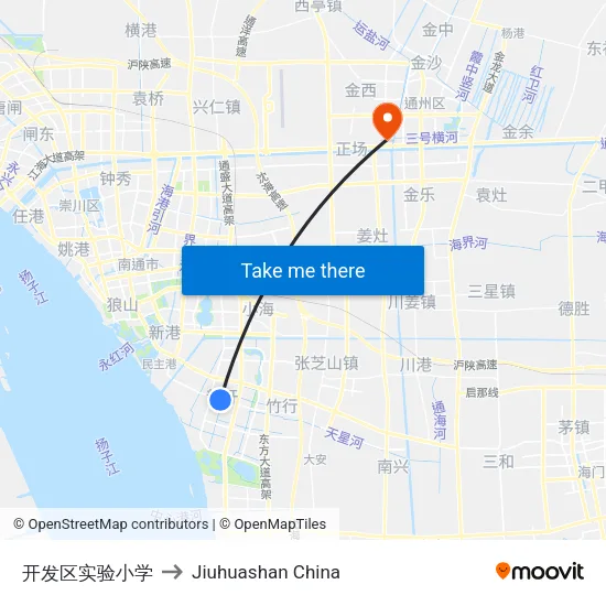 开发区实验小学 to Jiuhuashan China map