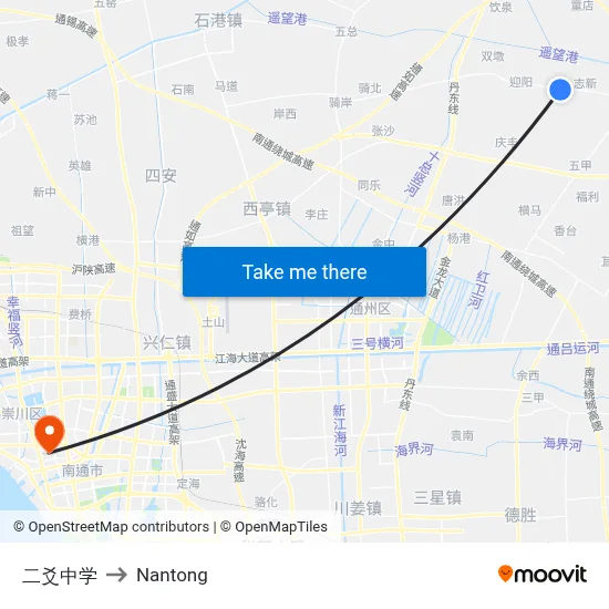 Eryao Middle School to Nantong map