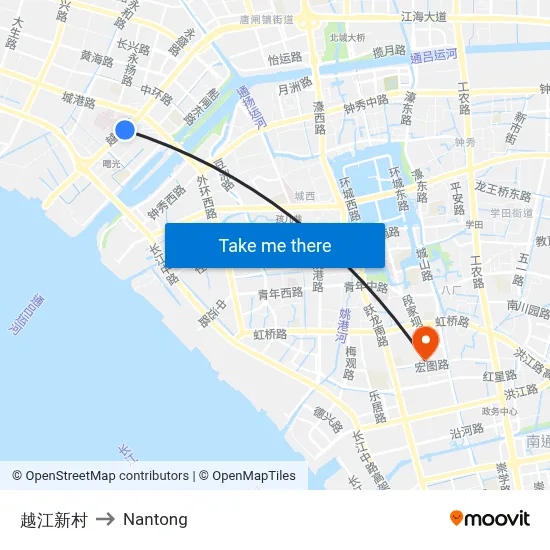 Yuejiang New Village to Nantong map
