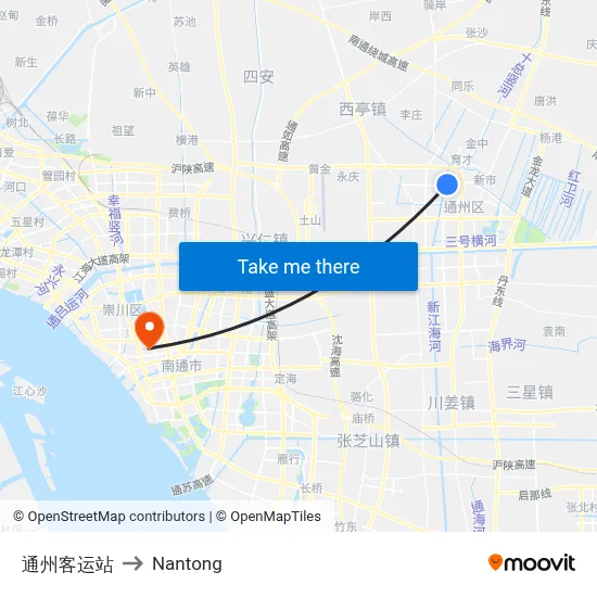 Tongzhou Bus Terminal to Nantong map