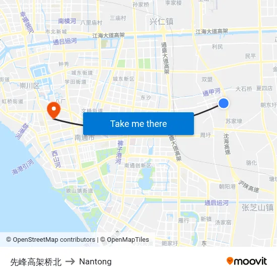 Xianfeng Elevated Bridge North to Nantong map