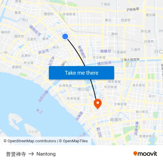 Puxian Temple to Nantong map