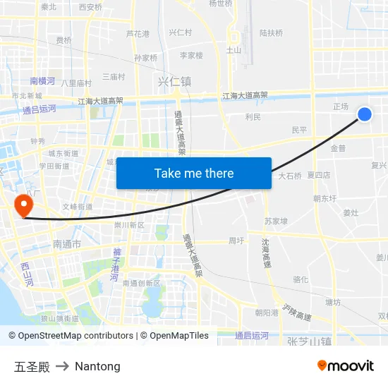 Wusheng Temple to Nantong map