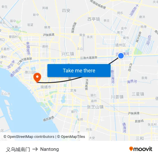 Yiwu City South Gate to Nantong map
