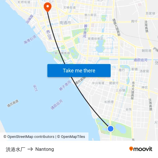 Honggang Water Plant to Nantong map