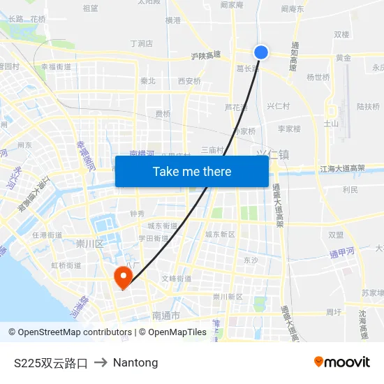 S225-Shuangyun Road Intersection to Nantong map