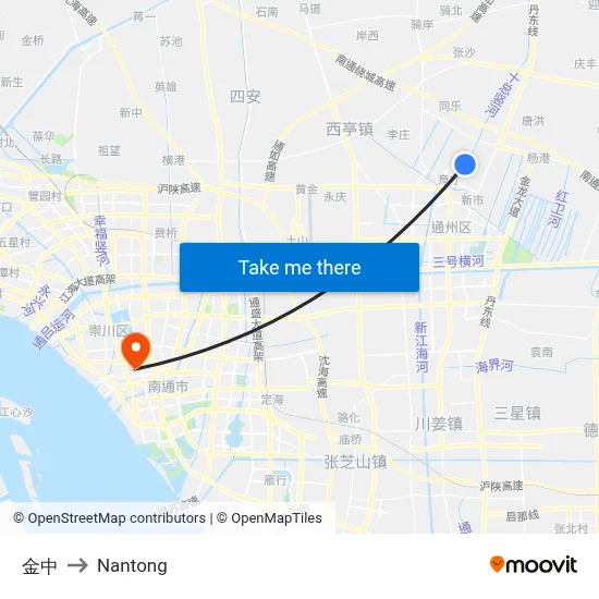 Jin Zhong to Nantong map