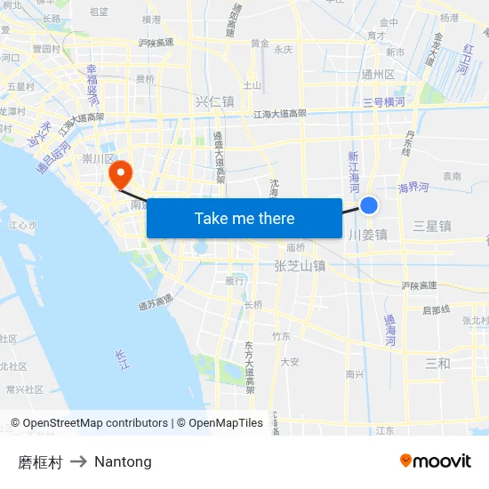 Mokuang Village to Nantong map