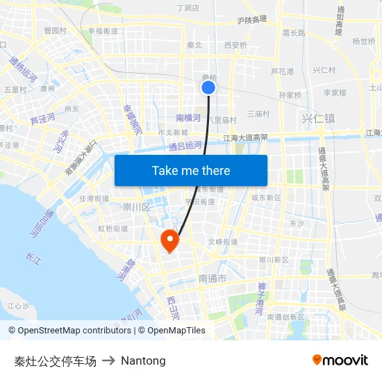 Qinjiao Bus Terminal to Nantong map