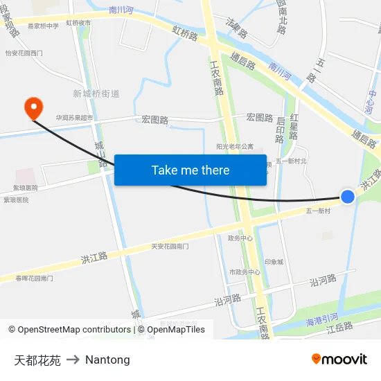 Tiandu Garden to Nantong map