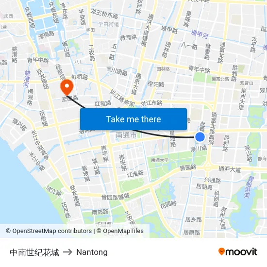 Zhongnan Century City to Nantong map