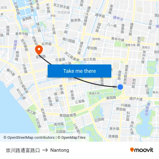 Chongchuan Road-Tongfu Road Junction to Nantong map