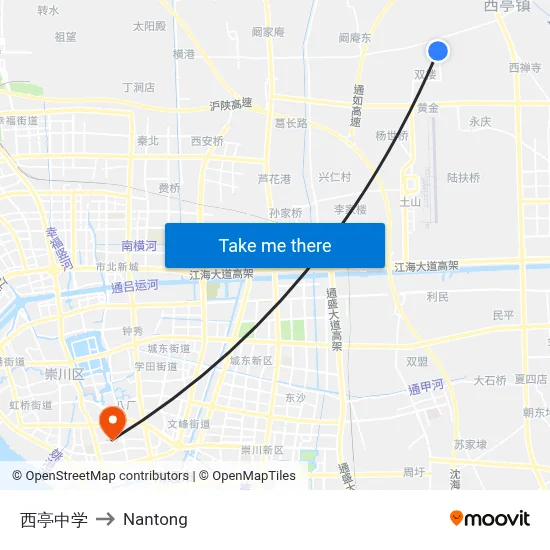 Xiting Middle School to Nantong map