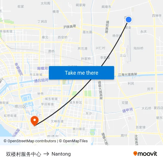Shuanglou Village Service Center to Nantong map