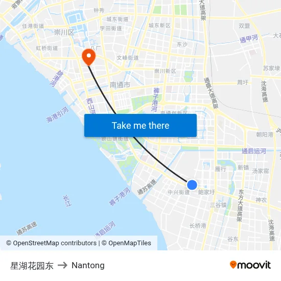 East of Xinghu Gardens to Nantong map