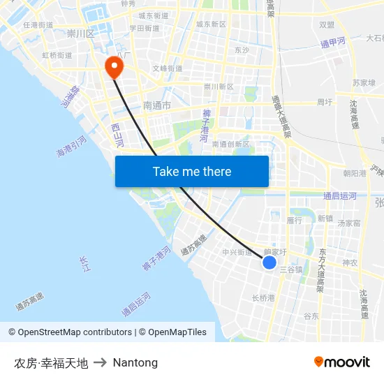 Nongfang Happy Land to Nantong map