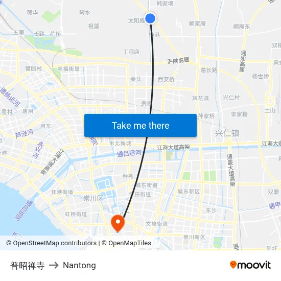 Puzhao Temple to Nantong map
