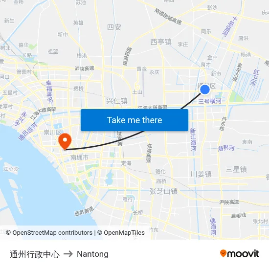 Tongzhou Administrative Center to Nantong map