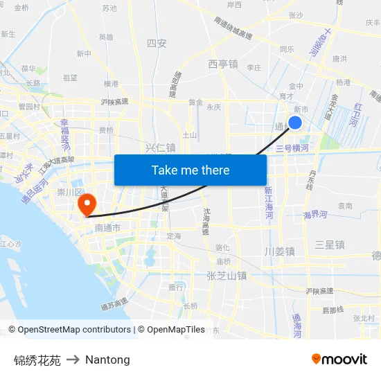 Jinxiu Flower Garden to Nantong map