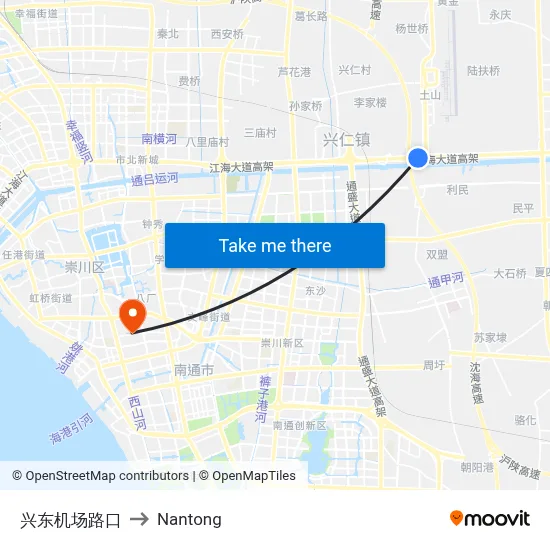Xingdong Airport Intersection to Nantong map