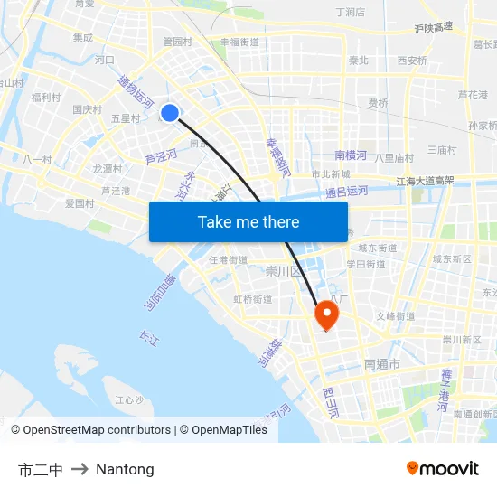 City No.2 Middle School to Nantong map