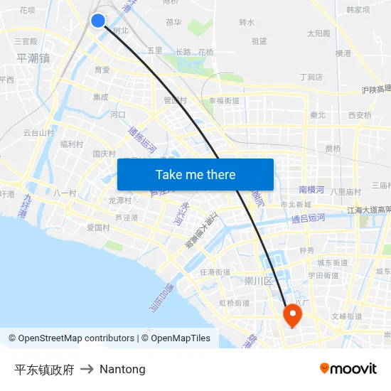 Pingdong Town Government to Nantong map