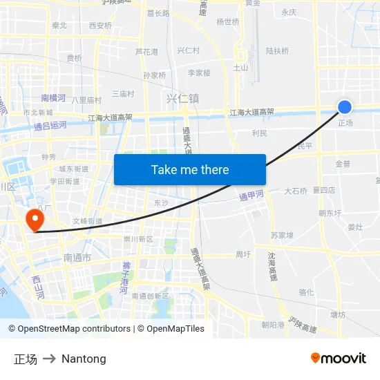Zhengchang to Nantong map