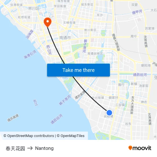 Spring Garden to Nantong map