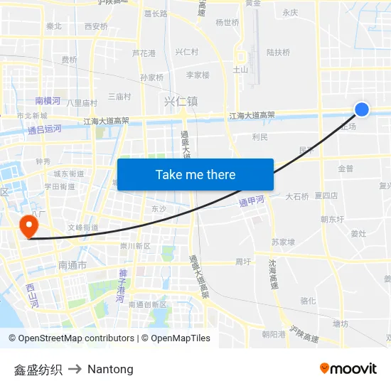 Xinsheng Textile to Nantong map