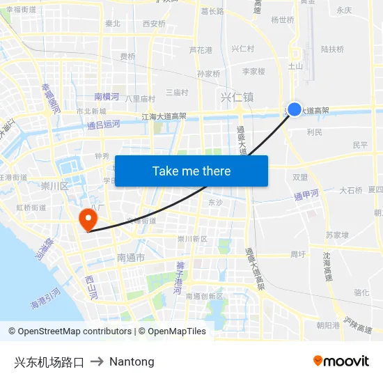 Xingdong Airport Intersection to Nantong map