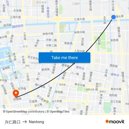 Xingren Road Junction to Nantong map