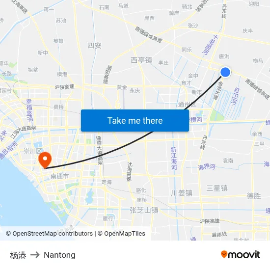Yanggang to Nantong map