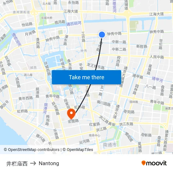 Jinglan Temple West to Nantong map