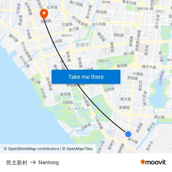 Democratic New Village to Nantong map